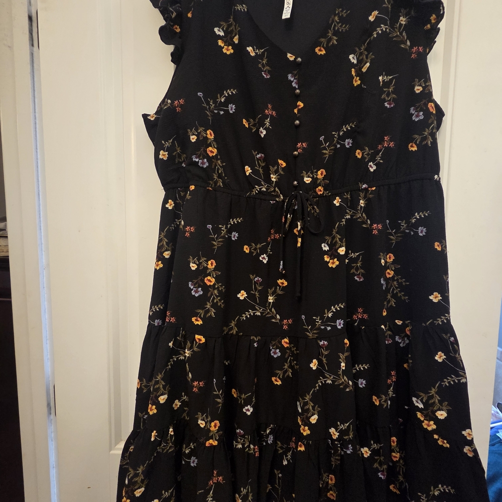 Black Floral Midi Dress with Tie Waist